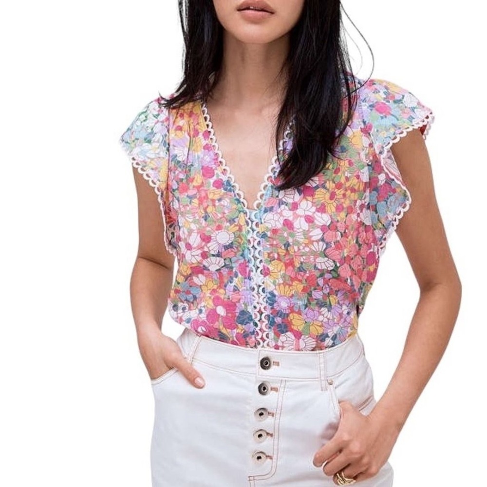 Kate Spade Floral Dots Burnout Blouse Pink Yellow Green Women's size M